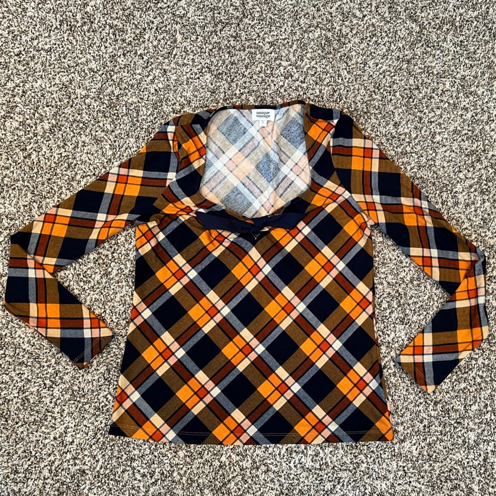 Unique Vintage Orange and Navy Plaid Top Blue 14 XL ModCloth Bow Tie LONG SLEEVE
